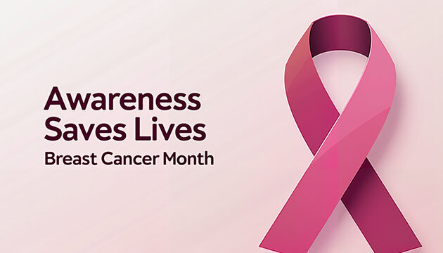 Abstract geometric illustration of a pink ribbon with text "Awareness Saves Lives – Breast Cancer Month" in a modern layout