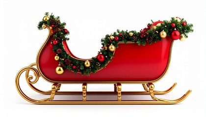 Red and gold Christmas sleigh with garland and ornaments, ornate scrollwork on festive backdrop.