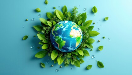 Earth surrounded by lush green leaves and water droplets on a blue background.
