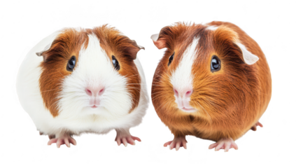 Two adorable guinea pigs. one with a white and brown coat and the other with a rich brown fur. are sitting side by side against a white background. their playful nature and charm