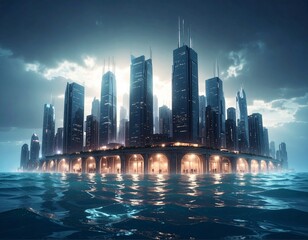 City on the Water: A futuristic cityscape rises from the tranquil waters, its sleek skyscrapers piercing the heavens as a symbol of human ambition and innovation. The dramatic scene.