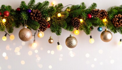 Christmas garland with baubles, pinecones, and lights on white background.