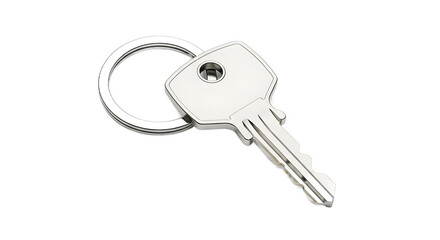 A classic metal key with a keyring, a plain object isolated on a clean white background. This security item features no shadow, no logo, and no text for versatile use