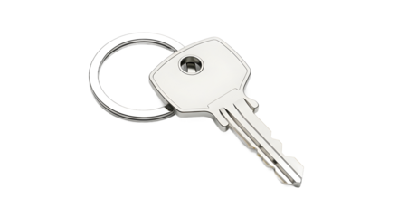 A classic metal key with a keyring, a plain object isolated on a clean white background. This security item features no shadow, no logo, and no text for versatile use