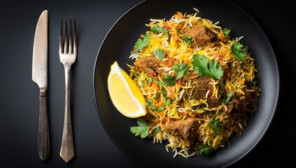 Delectable Lamb Biryani served on a sleek black plate with a fresh lemon wedge and cutlery, offering a gourmet dining experience