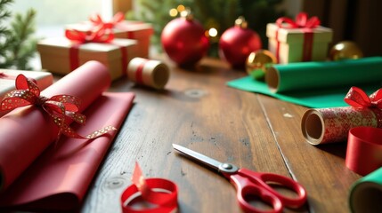Festive holiday gift wrapping scene with present boxes and red decorations