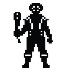 Fototapeta premium Pixel art character holds club ready for battle in black and white