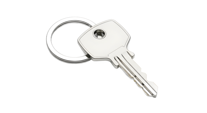 A classic metal key with a keyring, a plain object isolated on a clean white background. This security item features no shadow, no logo, and no text for versatile use