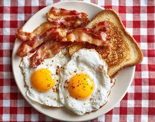 Crispy bacon, perfectly fried eggs with vibrant yolks, and golden toast served on a classic red and white checkered tablecloth for a hearty breakfast treat