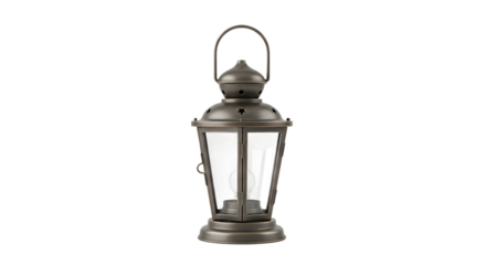 An antique-style metal and glass lantern with a classic, plain design, isolated on a clean white background with no shadow