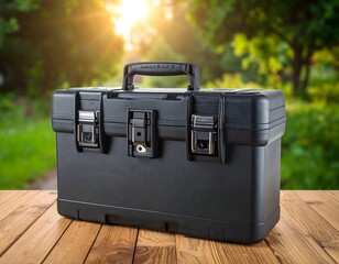 Black toolbox on wooden surface, sunny outdoor background
