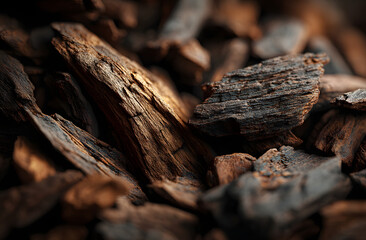 Selective focus on agar wood sticks incense chips used for burning perfumes, essential oils like Oud Bakhoor. Natural resin pieces, with distinct texture, key ingredients for aromatic fragrances,
