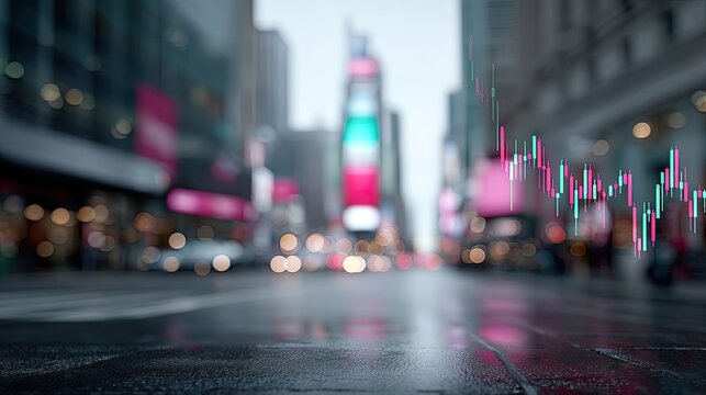 Stock Market Chart Overlay on Wet Street in Urban Landscape with Blurred Cityscape and Bokeh Lights at Night