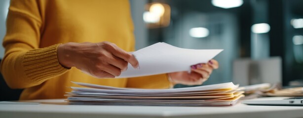 The person handling a stack of paperwork at a modern office desk