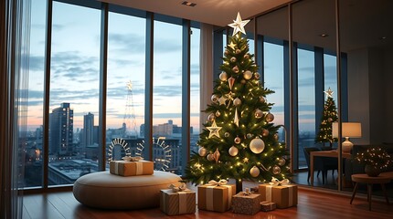 Christmas tree in modern apartment with city view and gifts under the tree in living room decor
