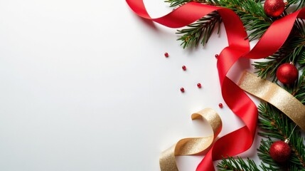 Festive christmas background with red and gold ribbons and greenery on white surface