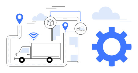 Fototapeta premium Cargo truck on digital map with location pins, gear, and cloud elements. Ideal for logistics, supply chain, technology, tracking, business connectivity and innovation themes. Simple flat metaphor