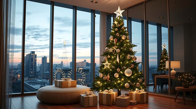 Christmas tree in modern apartment with city view and gifts under the tree in living room decor