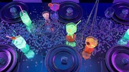 Vibrant party table setting with colorful glowing cocktails and geometric decor for celebrations - Powered by Adobe