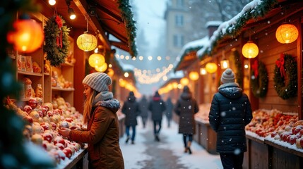 Fototapeta premium Festive winter market with young caucasian woman shopping amidst holiday lights and snow