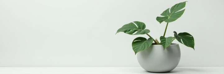 Mature Monstera in simple gray pot against white , foliage, potted plant, home decor