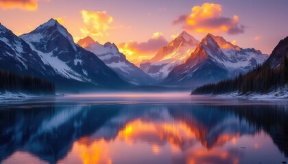 Majestic mountains reflected in a serene lake at sunset with vibrant colors.
