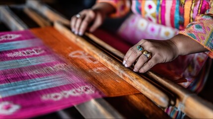 Focused view on a regional textile artists hands weaving colorful fabric with the rest of the workshop gently out of focus to showcase local tradition and detail.