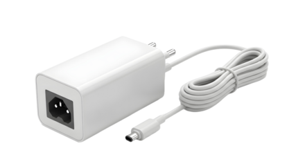 A generic white laptop charger power adapter with a barrel connector, isolated on a clean white background. This plain object has no logo or text, shown in high resolution for clear detail