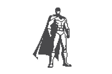 Pixel superhero stands powerfully with cape, showing retro game style aesthetic and strength © Bably