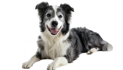 A happy. playful border collie lying on a white background. its distinctive black and white fur while exuding a friendly demeanor. ideal for pet-related content or advertisements