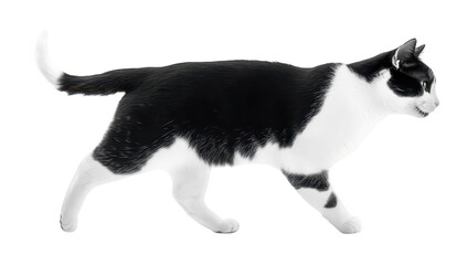 A sleek black and white cat gracefully walking across a white background. its elegant posture and smooth fur. ideal for pet-related content or animal photography