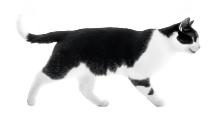 A sleek black and white cat gracefully walking across a white background. its elegant posture and smooth fur. ideal for pet-related content or animal photography