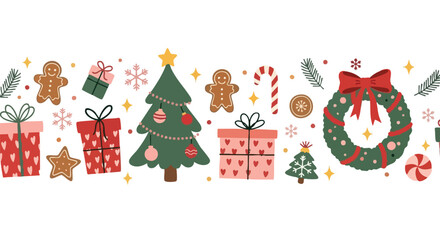 Vibrant festive holiday banner overflowing with cheerful Christmas elements like decorated trees, gift boxes, gingerbread cookies, and a beautiful wreath
