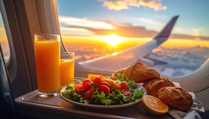 In-flight meal with orange juice, salad, croissants, and a beautiful sunset view through an airplane window.