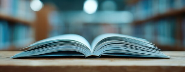 The Book Open on a Library Table with Soft Bokeh Background