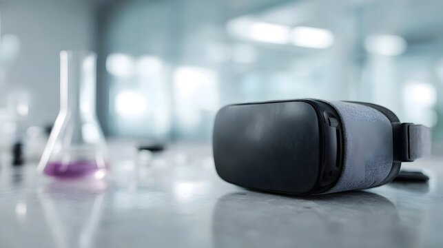 A VR headset and laboratory equipment are arranged on a clean table in a bright blurred scientific research environment