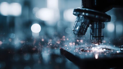 Microscope examining glowing particles in a dark futuristic laboratory setting
