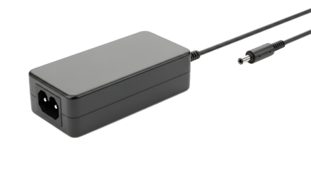 A generic black laptop charger AC adapter power supply, a plain electronic object isolated on a clean white background with no shadow or logo