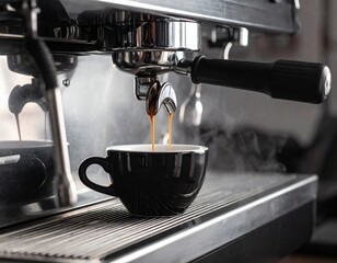 Hot espresso pouring from a professional coffee machine into a black ceramic cup with steam rising.