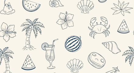 Vibrant summer beach doodles capture carefree tropical vacation vibes with palm trees, cocktails, and ocean shells evoking pure relaxation and joy.