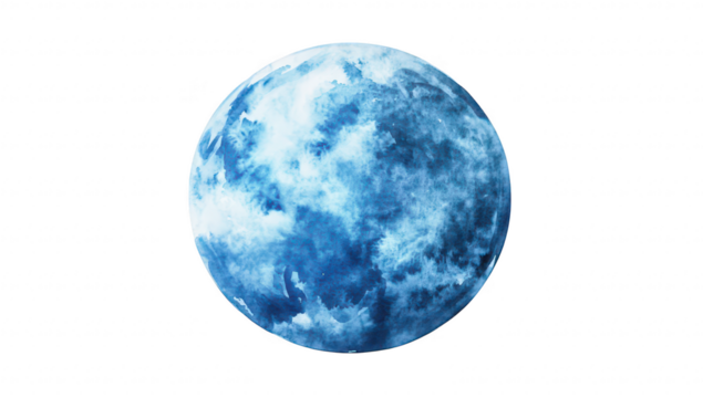 A serene watercolor depiction of a blue moon surrounded by soft. fluffy clouds. set against a clean white background. perfect for artistic projects or calming designs