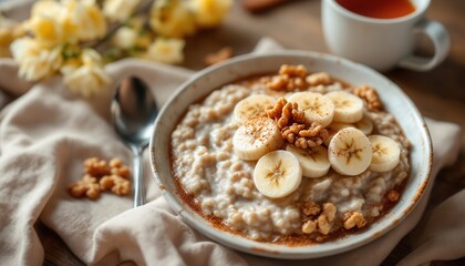 Fototapeta premium Delicious Oatmeal Breakfast with Banana and Walnuts