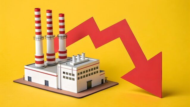 Industrial Decline Symbol &ndash; Economic Downturn and Production Slowdown Concept, Abstract, Lifestyle, Creativity, Red Arrow, Factory Model