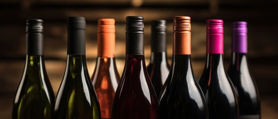 The wine bottles lined up on a wooden cellar shelf with colorful caps