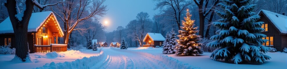 Snow-covered cabins at night with glowing lights in a winter wonderland