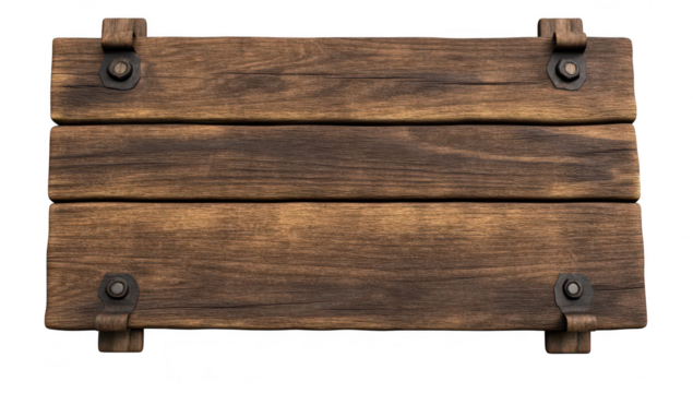 A rustic wooden signboard with a weathered finish. three horizontal planks secured with metal bolts. ideal for decorative or informational purposes in a natural setting