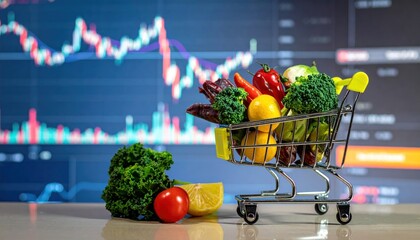 A miniature shopping cart filled with fresh produce sits before a stock market graph, illustrating the impact of market trends on food costs.