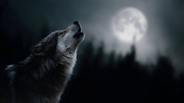 A wolf howls at the full moon in a dark misty forest at night