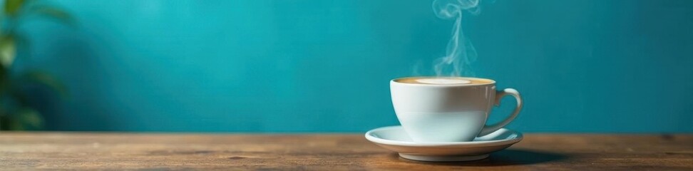 Steam rising from latte, wooden tabletop, vibrant blue wall, vibrant, wooden, picture