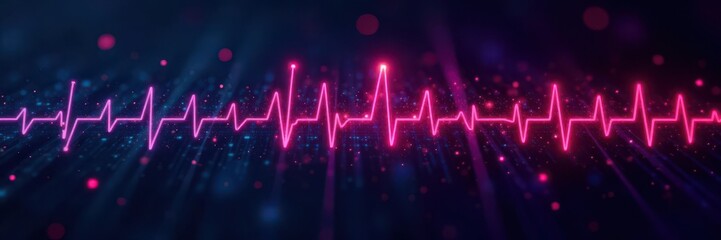 Stylized EKG wave pulses, glowing digital nodes, circuit board backdrop, EKG, digital heart